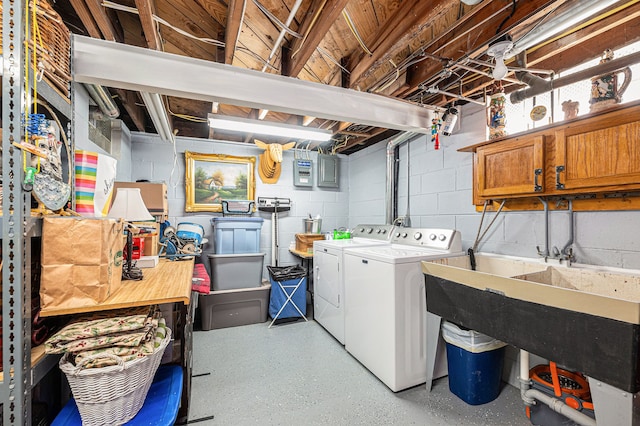 1107 E Lincoln Ave, Royal Oak, MI 48067 - laundry room featuring washing machine and dryer, cabinet space, concrete block wall, and electric panel