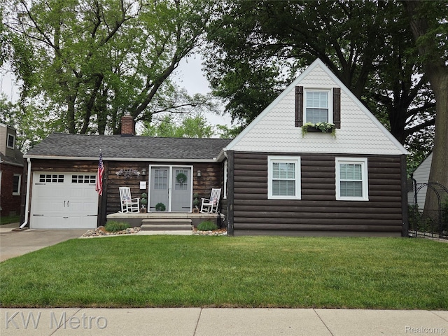 1107 E Lincoln Ave, Royal Oak, MI 48067 - view of front facade featuring an attached garage, a chimney, driveway, a front yard, and faux log siding