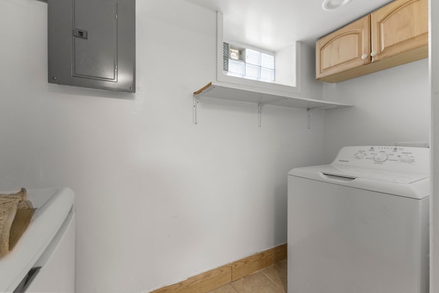 10436 Bertram St, Dearborn, MI 48126 - clothes washing area with washer / clothes dryer, electric panel, cabinet space, and light tile patterned floors
