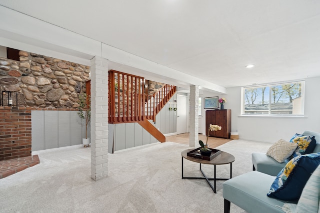 5780 Elvira, Pinckney, MI 48169 - living area featuring carpet, stairs, and baseboards