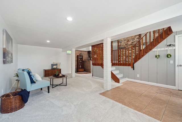 5780 Elvira, Pinckney, MI 48169 - living area featuring stairway, carpet flooring, recessed lighting, baseboards, and tile patterned flooring