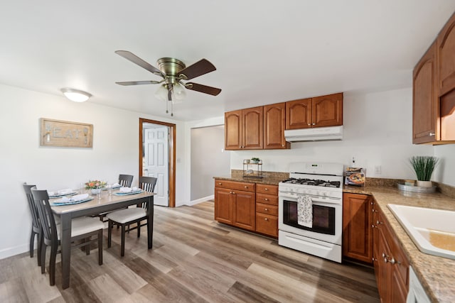 5780 Elvira, Pinckney, MI 48169 - kitchen with white appliances, under cabinet range hood, brown cabinetry, ceiling fan, and light wood-type flooring