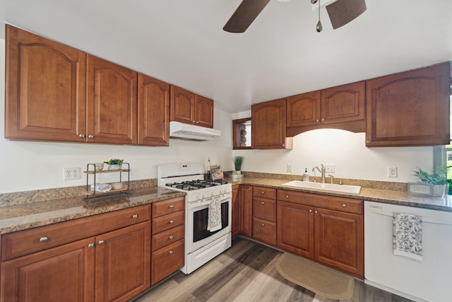 5780 Elvira, Pinckney, MI 48169 - kitchen with white appliances, a sink, under cabinet range hood, a ceiling fan, and dark wood-style floors