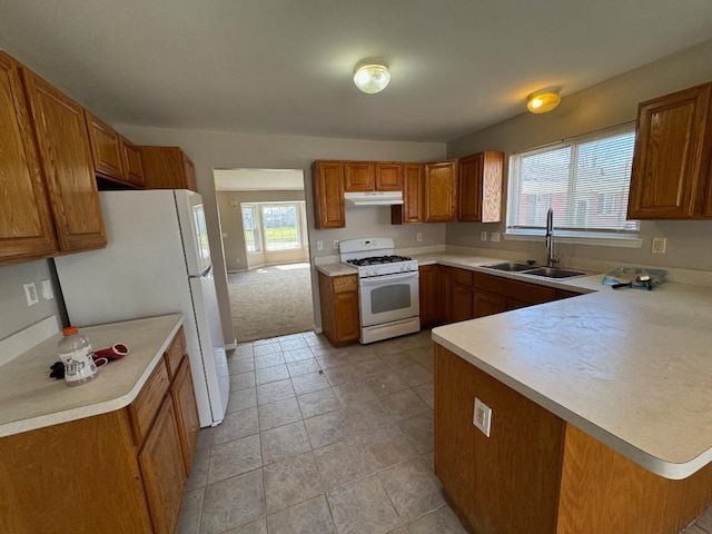 22031 Laurel St, Clinton Township, MI 48035 - kitchen featuring white appliances, a sink, brown cabinetry, under cabinet range hood, and light countertops