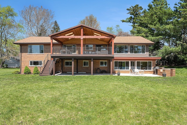 6305 N Shore Ct, West Bloomfield, MI 48324 - back of house with stairs, a patio, a yard, and roof with shingles