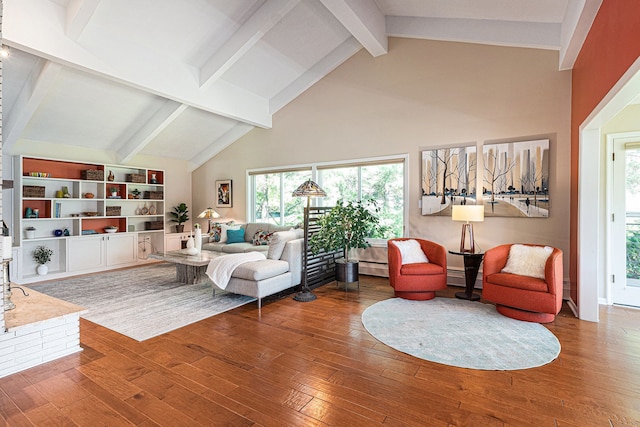 6305 N Shore Ct, West Bloomfield, MI 48324 - sitting room featuring high vaulted ceiling, wood-type flooring, baseboard heating, beamed ceiling, and plenty of natural light