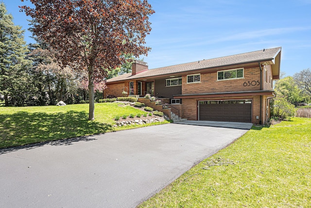 6305 N Shore Ct, West Bloomfield, MI 48324 - ranch-style house with asphalt driveway, an attached garage, a chimney, stairway, and a front lawn