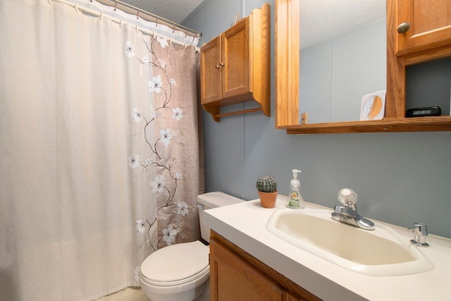 12346 Quail Ct, Shelby Twp, MI 48315 - bathroom featuring a textured ceiling, toilet, vanity, and a shower with shower curtain