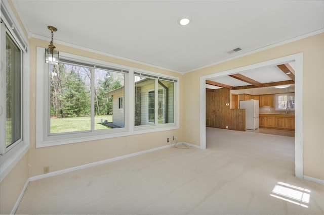 8607 Cochise Ct, Howard City, MI 49329 - spare room featuring light carpet, baseboards, a sink, crown molding, and beamed ceiling