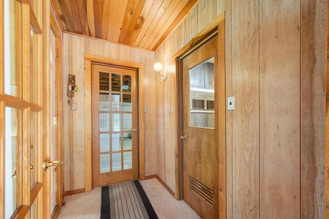 8607 Cochise Ct, Howard City, MI 49329 - doorway with wood walls, wood ceiling, light colored carpet, and baseboards