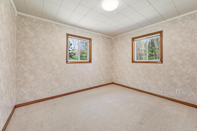 8607 Cochise Ct, Howard City, MI 49329 - unfurnished room with healthy amount of natural light, ornamental molding, carpet, baseboards, and wallpapered walls