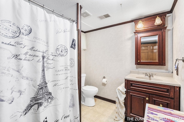 1087 Shore Walk Ln, Whitehall, MI 49461 - bathroom with toilet, tile patterned floors, vanity, a textured ceiling, and ornamental molding