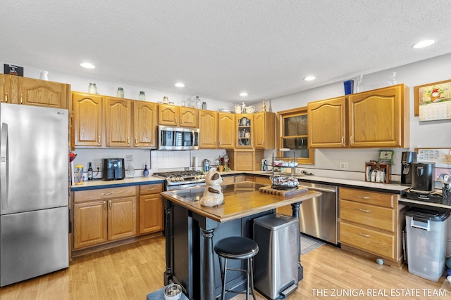 1087 Shore Walk Ln, Whitehall, MI 49461 - kitchen featuring stainless steel appliances, light wood-type flooring, a sink, a center island, and a textured ceiling