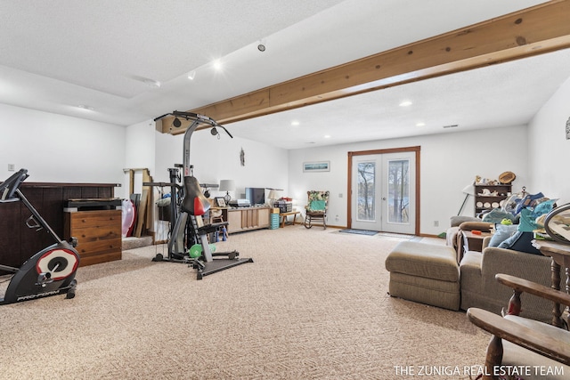 1087 Shore Walk Ln, Whitehall, MI 49461 - exercise area featuring carpet flooring, recessed lighting, and french doors