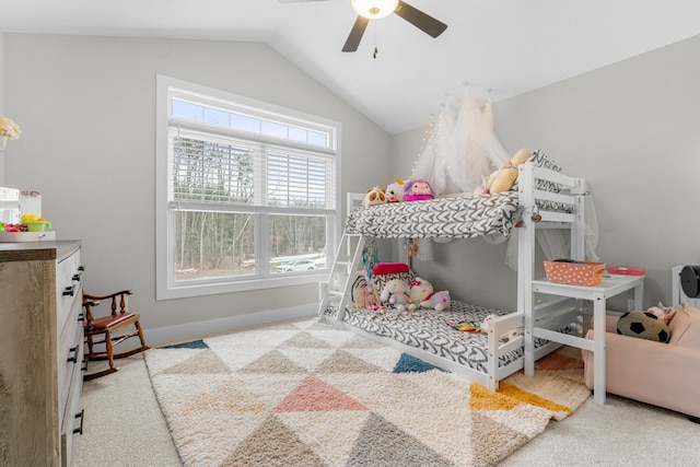 5414 Bradley Ct, Kalamazoo, MI 49009 - carpeted bedroom featuring lofted ceiling, baseboards, and ceiling fan