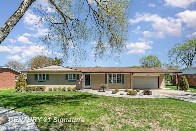2936 Reppuhn Dr, Saginaw, MI 48603 - ranch-style home featuring a garage, concrete driveway, a front yard, and brick siding