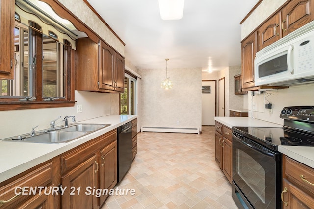 2936 Reppuhn Dr, Saginaw, MI 48603 - kitchen featuring black appliances, a baseboard heating unit, a sink, and light countertops