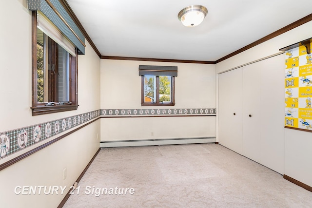 2936 Reppuhn Dr, Saginaw, MI 48603 - unfurnished bedroom with carpet floors, ornamental molding, baseboards, a baseboard heating unit, and a closet