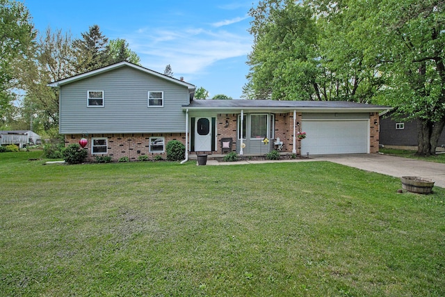 7055 N Center Rd, Mount Morris, MI 48458 - tri-level home featuring an attached garage, brick siding, concrete driveway, and a front lawn