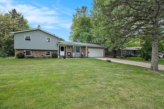 7055 N Center Rd, Mount Morris, MI 48458 - tri-level home with concrete driveway, a garage, brick siding, and a front yard