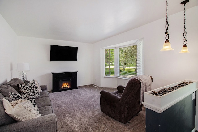 7055 N Center Rd, Mount Morris, MI 48458 - living room featuring carpet flooring and a warm lit fireplace