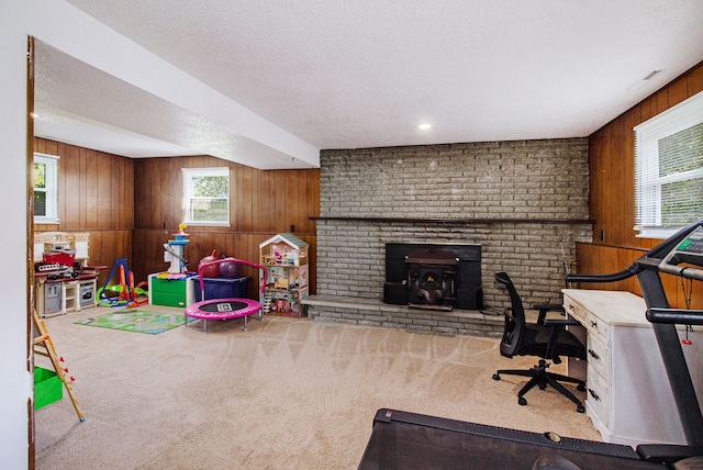 7055 N Center Rd, Mount Morris, MI 48458 - game room featuring plenty of natural light, wood walls, carpet floors, and a textured ceiling