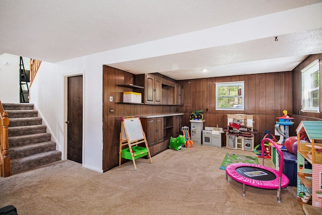 7055 N Center Rd, Mount Morris, MI 48458 - game room featuring light colored carpet, plenty of natural light, wooden walls, and a textured ceiling
