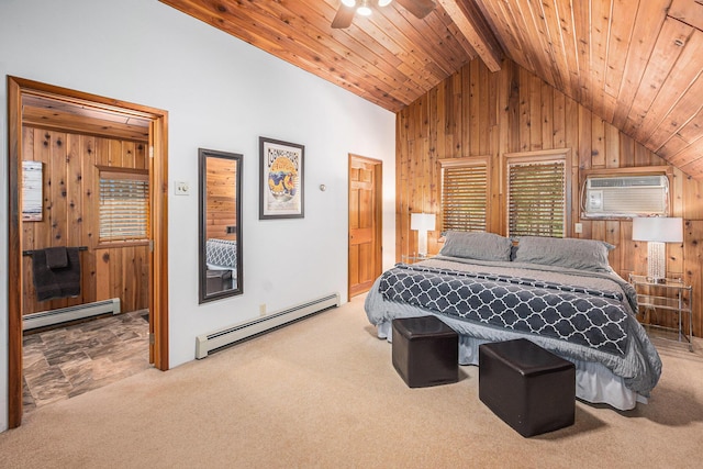 2526 Aikens Rd, Manistee, MI 49660 - bedroom featuring a baseboard heating unit, wooden walls, carpet, wood ceiling, and a wall mounted AC