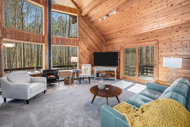 2526 Aikens Rd, Manistee, MI 49660 - living area with high vaulted ceiling, healthy amount of natural light, wooden walls, a wood stove, and wooden ceiling