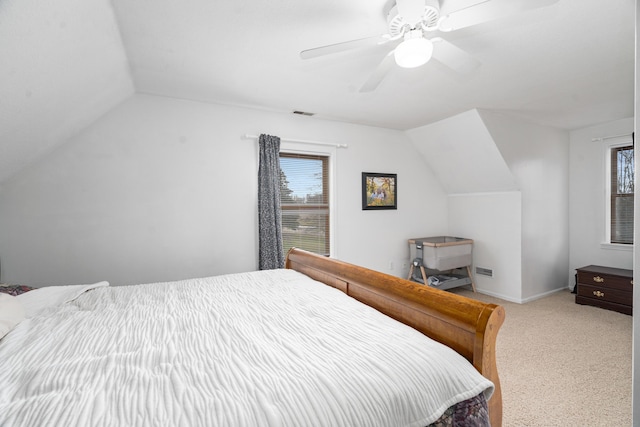839 Rolling Meadows Dr, Quincy, MI 49082 - bedroom with vaulted ceiling, multiple windows, carpet flooring, and a ceiling fan