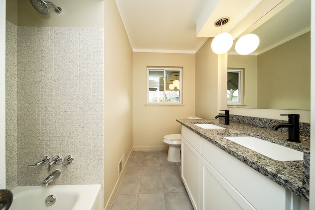 28407 Milton Ave, Warren, MI 48092 - full bathroom featuring toilet, tile patterned flooring, baseboards, shower / bath combination, and ornamental molding