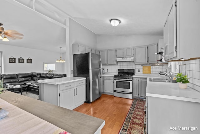 kitchen featuring appliances with stainless steel finishes, a sink, under cabinet range hood, vaulted ceiling, and decorative backsplash