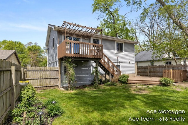 back of house with a wooden deck and stairs