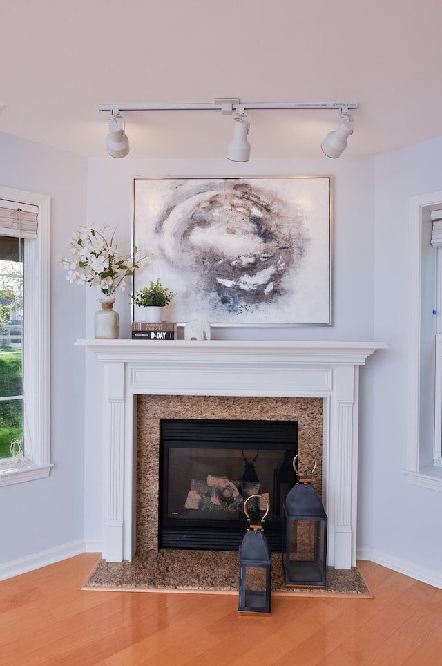detailed view of a fireplace, wood finished floors, rail lighting, and baseboards