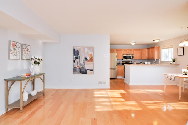 kitchen featuring stainless steel appliances, light wood-type flooring, a sink, and a peninsula