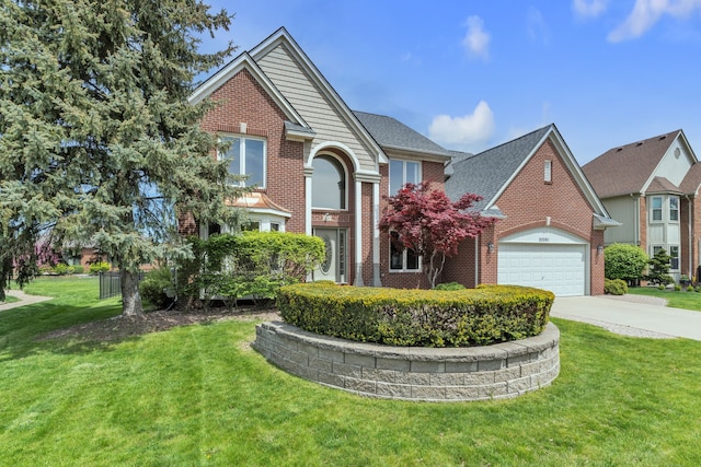 20261 Ramblewood Dr, Macomb, MI 48044 - traditional-style house featuring brick siding, concrete driveway, a front yard, and a garage