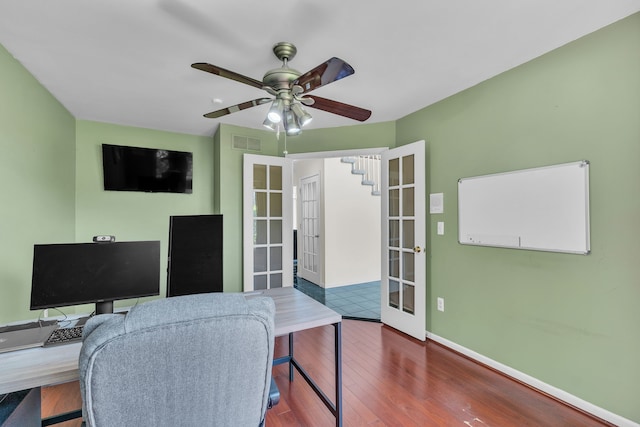 20261 Ramblewood Dr, Macomb, MI 48044 - office area featuring french doors, wood finished floors, ceiling fan, and baseboards