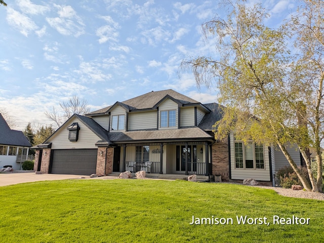 traditional home with a porch, brick siding, a front lawn, concrete driveway, and a garage