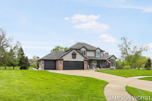 view of front facade featuring a front yard, brick siding, concrete driveway, an attached garage, and a shingled roof