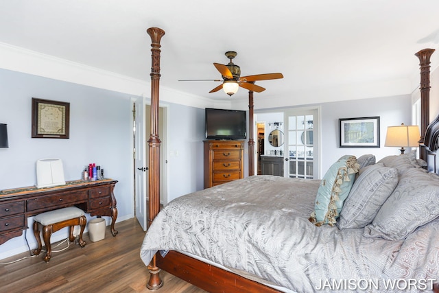 bedroom with dark wood-type flooring, ornamental molding, baseboards, and a ceiling fan