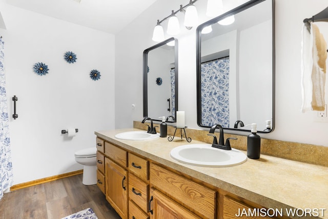 full bath featuring wood finished floors, double vanity, toilet, and baseboards