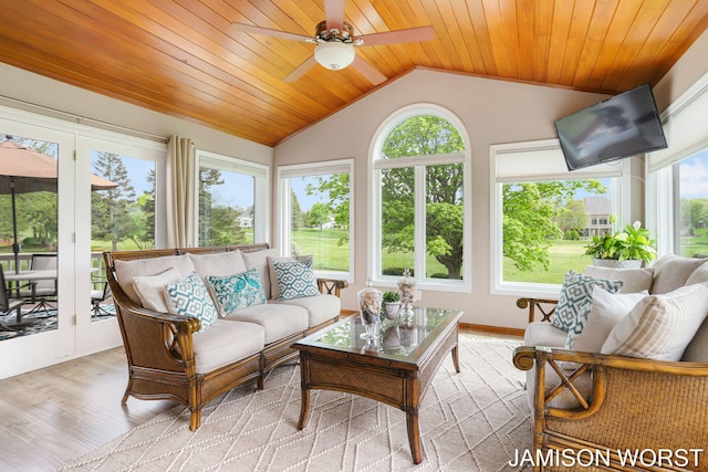 sunroom featuring lofted ceiling, healthy amount of natural light, wood finished floors, and wood ceiling