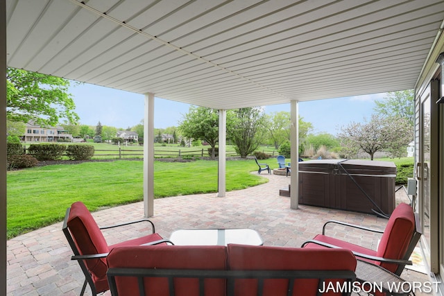 view of patio featuring a hot tub
