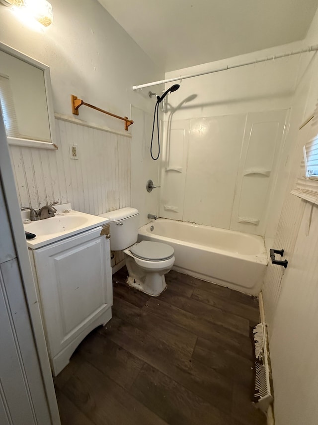 206 Frazier St, River Rouge, MI 48218 - full bathroom featuring hardwood / wood-style floors, toilet, vanity, shower / bathtub combination, and wooden walls
