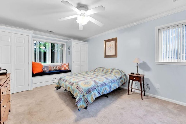 24459 Surfside Rd, Novi, MI 48374 - bedroom featuring light carpet, ornamental molding, multiple closets, a ceiling fan, and baseboards