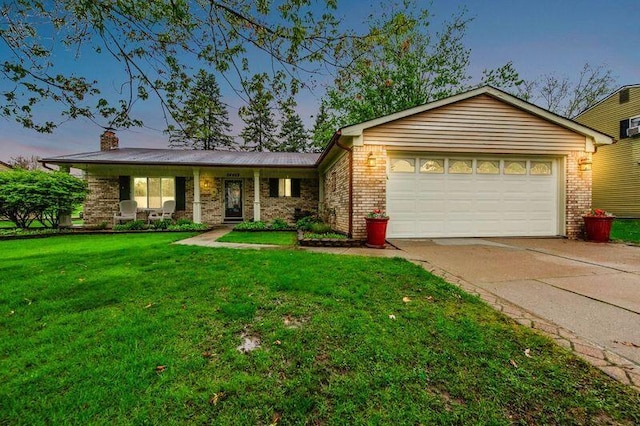 24459 Surfside Rd, Novi, MI 48374 - ranch-style home featuring concrete driveway, a garage, brick siding, a front lawn, and a chimney