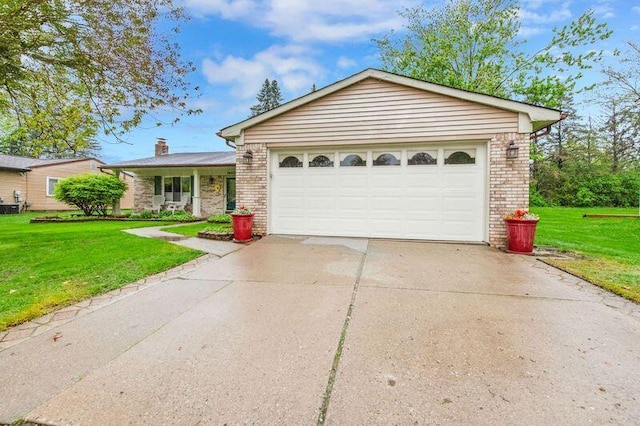 24459 Surfside Rd, Novi, MI 48374 - single story home with brick siding, a front yard, concrete driveway, and a chimney