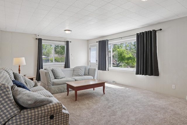 living area featuring carpet floors and wood walls