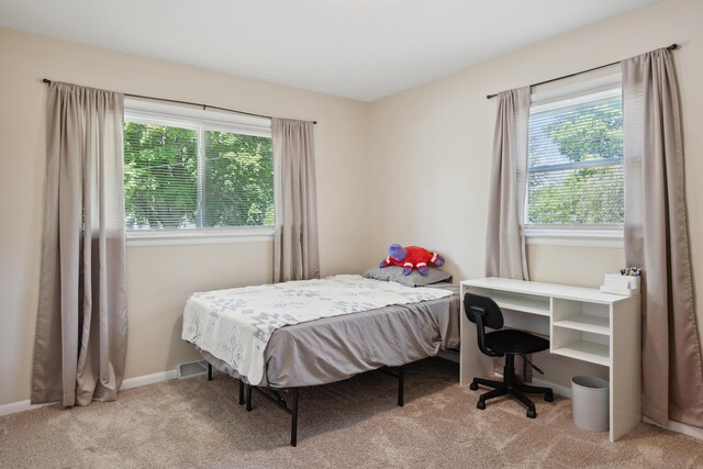 carpeted bedroom featuring multiple windows and baseboards
