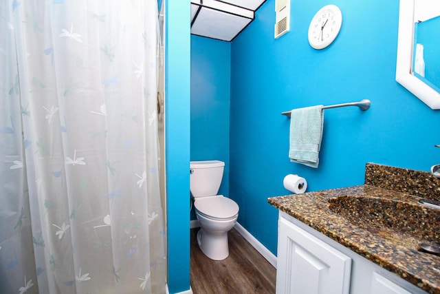 6339 Westchester St, Portage, MI 49024 - bathroom with wood finished floors, vanity, toilet, baseboards, and a shower with shower curtain